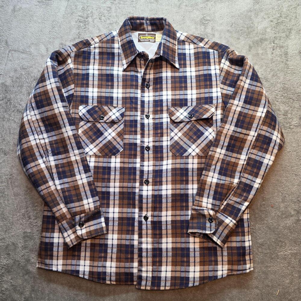 Sears Vintage Quilted Jacket Mens L Brown Plaid Lined SportsWear Perma-Prest